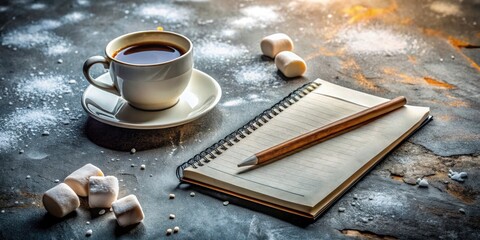 Obraz premium Gritty urban backdrop frames a still life: coffee, notebook, pencil, marshmallow.