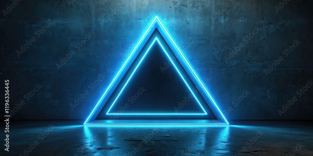 Poster high-contrast dark background explodes with a futuristic neon blue triangle; abstract geometric glow