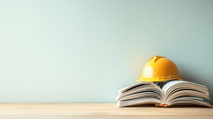 Hard hat and book on wooden table, symbolizing safety knowledge in construction or engineering
