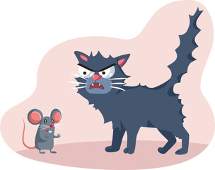 Mean Cat Scares Little Mouse Character Vector Design Illustration. Stressed mice seeing an angry kitten about to pray on it
