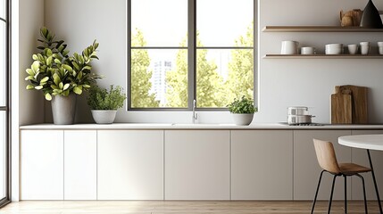 A minimalist family kitchen, features sleek, multifunctional furniture like built-in cabinets with hidden storage, a compact dining area with a foldable table, and modern appliances.