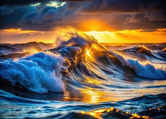 Fototapeta premium Low-light captures dark ocean waves â€“ black, blue, grey, and golden hues textured.