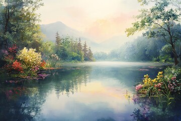 Serene Lakeside Haven: Lush Greenery, Tranquil Waters, Peaceful Escape art sky sun calm view pure   