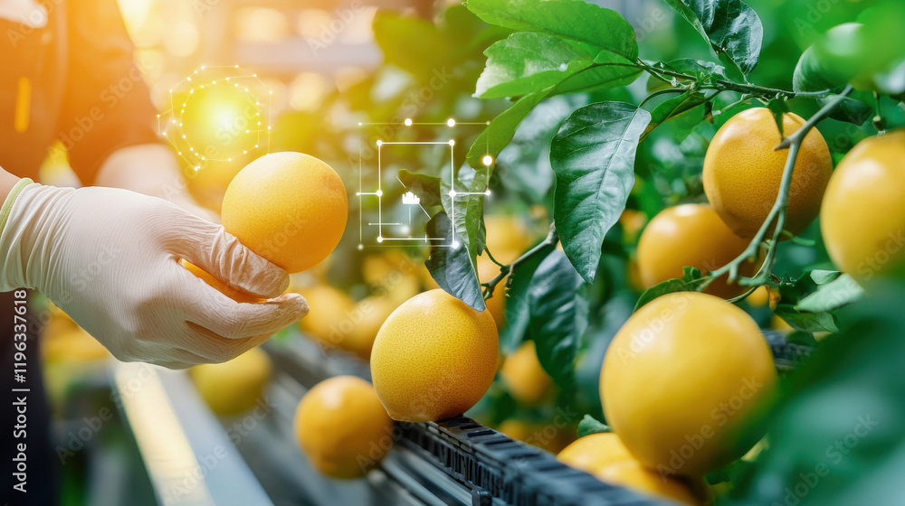 Leinwandbilder automated fruit picking system in action, showcasing hand selecting ripe oranges from tree. image hi