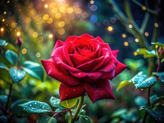 Macro photography reveals the exquisite detail of a red rose blooming under the night sky, a long exposure masterpiece.