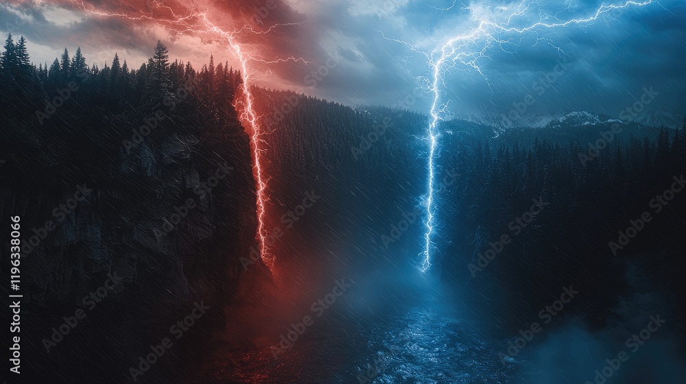 Poster on the edge of the cliff, there is a forest on the opposite side. there is a thick red lightning and