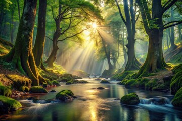 Obraz premium Magical river flows through a dreamlike enchanted forest; fantasy nature photography.