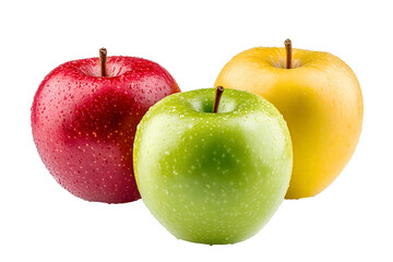 Three fresh vibrant apples with water drops png isolated on transparent background