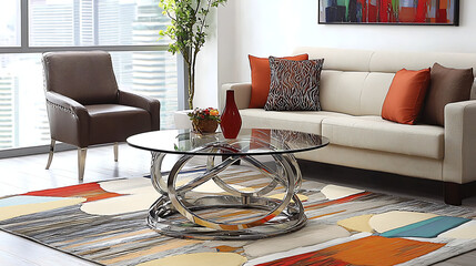 A living room with a glass coffee table and a couch. generated by AI