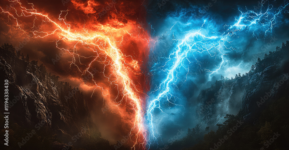 Poster on the edge of the cliff, there is a forest on the opposite side. there is a thick red lightning and