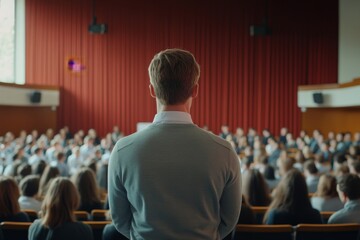 Male speaker giving presentation in hall at university workshop. Audience or conference hall. Rear view of unrecognized participants in audience. Scientific conference event, training, Generative AI