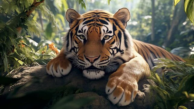 Majestic Tiger Relaxing in Lush Jungle Surroundings: A Stunning Portrait of Nature's Wild Beauty and Power