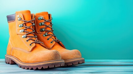 Stylish yellow boots on rustic wooden table, touch of country charm for outdoor adventures