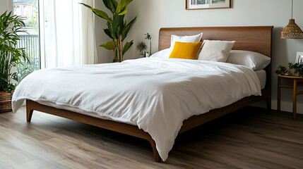 A large bed with a white comforter and pillows. generated by AI