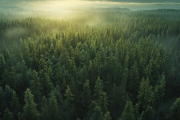 Obraz premium Scandinavian Forest Majesty: Aerial View of Pristine Wilderness, Lush Greenery, Tranquil Nature, 
