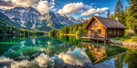 Fototapeta premium Mountain view lake house basks in sunlight; a stunning high-resolution image.