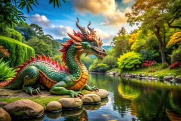 Fototapeta premium Mystical dragons slumber in a vibrant green pond, enchanting a tranquil magical landscape.