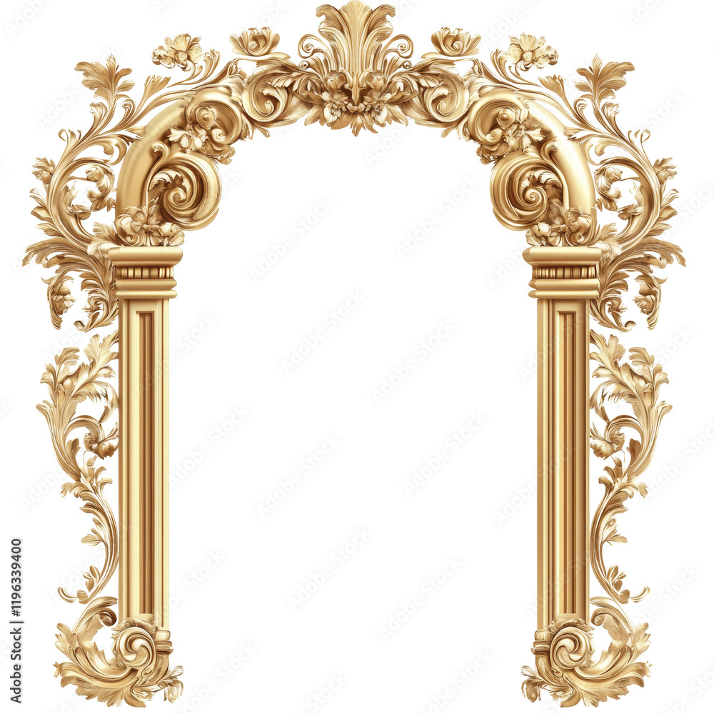 Poster a detailed image of a golden ornate archway with classical columns and intricate floral carvings, sh