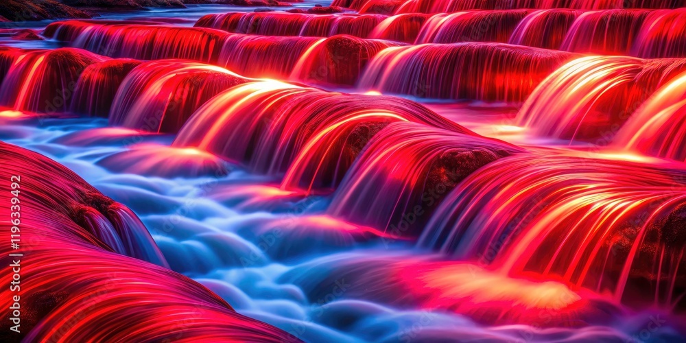 Poster neon red explodes in abstract light painting; a cascading wave of energy.