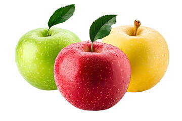 Three fresh vibrant apples with water drops png isolated on transparent background