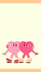 Vertical stories template with walking couple heart characters in retro groovy style. Social media post with psychedelic mascot. Vector illustration with copy space