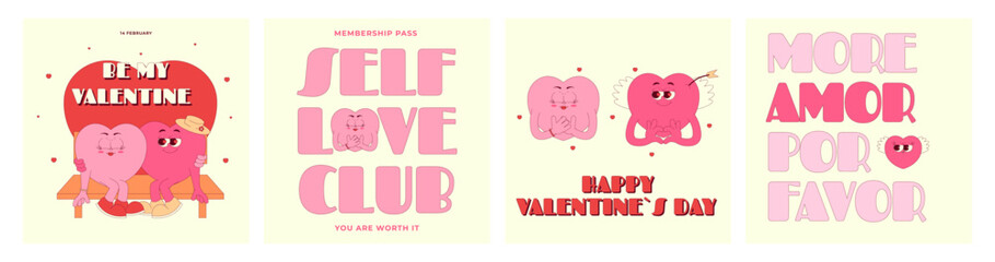 Happy Valentines day posters with lovely hearts characters with face, hands, cupids arrow and wings. Trendy retro groovy style. Vector illustrations set