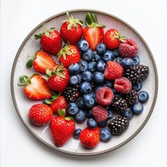 Obraz premium A plate of assorted berries including strawberries and blueberries, isolated white background, modern art style
