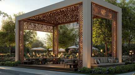 A functional and elegant cabana for event. The cabana should provide comfortable seating with ample space for dining and socializing.