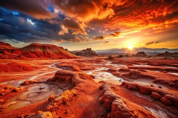 Naklejka premium Red planet's rocky, extraterrestrial surface; hazy alien sky, a sci-fi scene of Martian desolation.