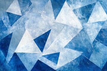 modern abstract blue background design with layers of textured white white material in triangle diamond and squares shapes in random geometric pattern, Generative AI