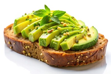 Ripe avocado delicately spread on toast; pure white background highlights its rich texture.