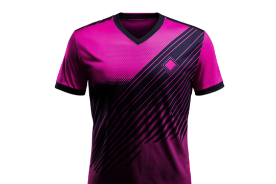 Black and magenta color scheme front view of the jersey design for men's soccer uniforms isolated on transparent background png