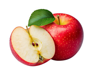 Sliced red apple with leaf png isolated on transparent background