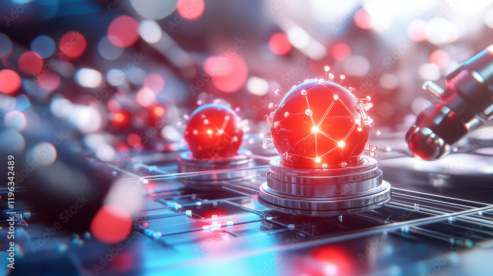 Poster modern illustration of nanotechnology enhancing biotechnology, featuring glowing red spheres on circ