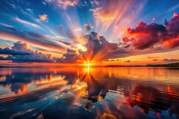 Obraz premium Sunrise paints the sky with fiery hues, reflecting on calm lake and vast ocean.