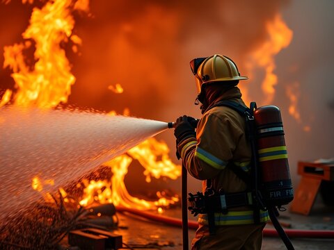 Un bombero rociando agua a alta presi&oacute;n y niebla para combatir intensos incendios de petr&oacute;leo.