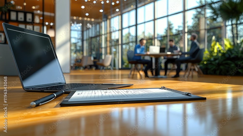 Poster modern corporate environment. a desk with a laptop, a notepad, and a pen is neatly arranged, while i