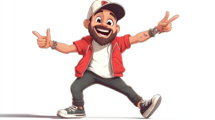 Stylish cartoon character with red jacket and beard, vibrant illustration