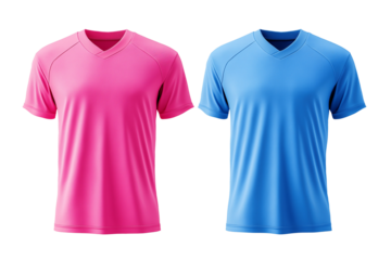 Blue and pink soccer jersey mockup, front view back view no text or logo on the shirt isolated on transparent background png