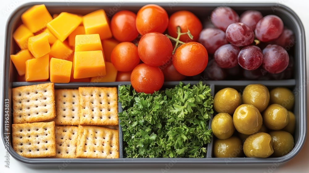 Wall mural Vibrant lunch box with healthy snacks, cheese cubes, crackers, and grapes, neatly arranged, isolated on white background. top down view.