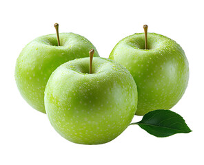 Green apples with water droplets and leaves png isolated on transparent background