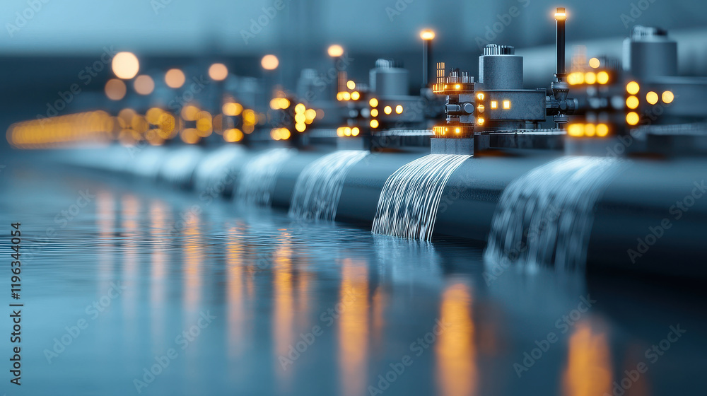 Aufkleber serene night view of hydroelectric facility with flowing water, illuminated by soft lights, creating