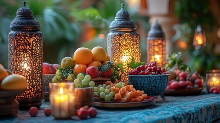 Bright Turquoise Setting a festive table setting with lanterns, fruits, and traditional dishes, captured against a bright turquoise background for a lively atmosphere.