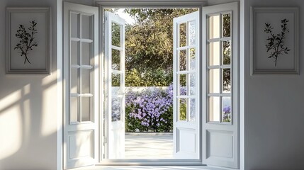 An open window in matte silver, with a beautiful, imaginative view, The luxurious heritage wall in a luxurious matte white color.