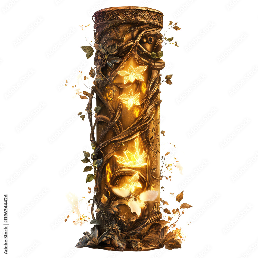 Poster a digitally rendered image of an ornate golden column entwined with glowing flowers and vines.