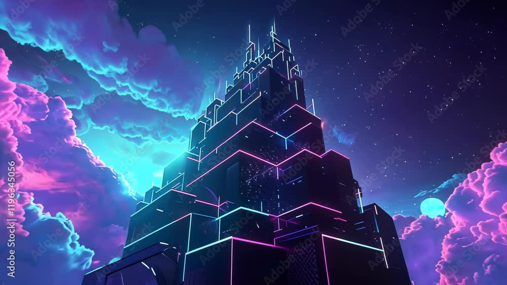 Poster vibrant sci-fi scene with synthwave styled towers in breathtaking perspective. futuristic cyberpunk 