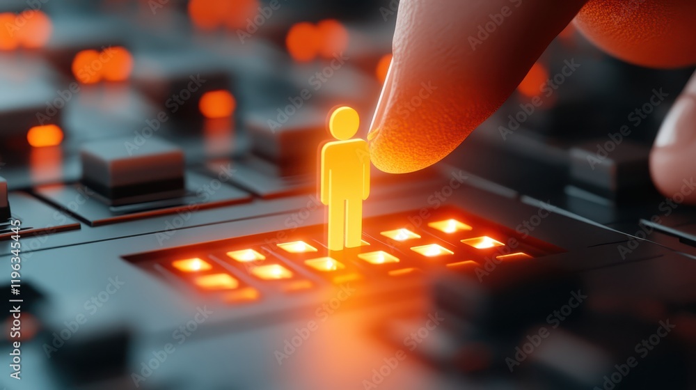 Poster human hand activates digital command, fingertip engagement with computer keyboard interface for tech