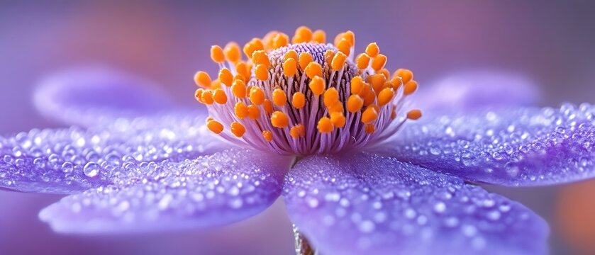 Dew-kissed purple flower macro.