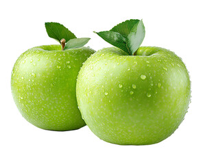 Green apples with water droplets png isolated on transparent background