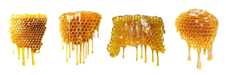 A Set of Fresh Organic Honeycomb with Golden Drips Isolated on Transparent Background